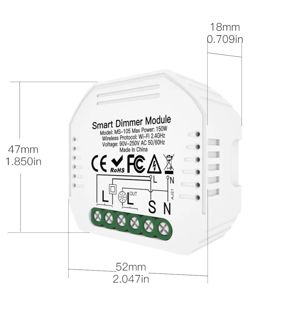 ماژول دیمر هوشمند وایفای مدل MS-105 سفید رنگ با توان ۱۵۰ وات، دارای استاندارد CE و ترمینالهای اتصال L و N و S.