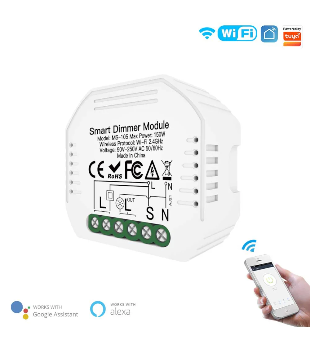 ماژول دیمر هوشمند وایفای مدل MS-105 سفید رنگ با توان ۱۵۰ وات، دارای استاندارد CE و ترمینالهای اتصال L و N و S.