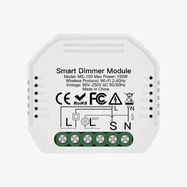 ماژول دیمر هوشمند وای‌فای مدل MS-105 سفید رنگ با توان ۱۵۰ وات، دارای استاندارد CE و ترمینال‌های اتصال L و N و S.