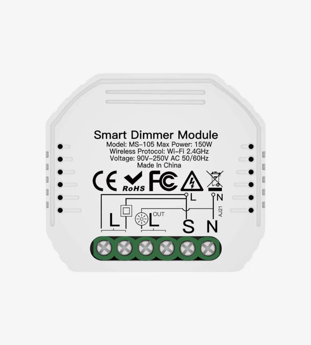 ماژول دیمر هوشمند وایفای مدل MS-105 سفید رنگ با توان ۱۵۰ وات، دارای استاندارد CE و ترمینالهای اتصال L و N و S.