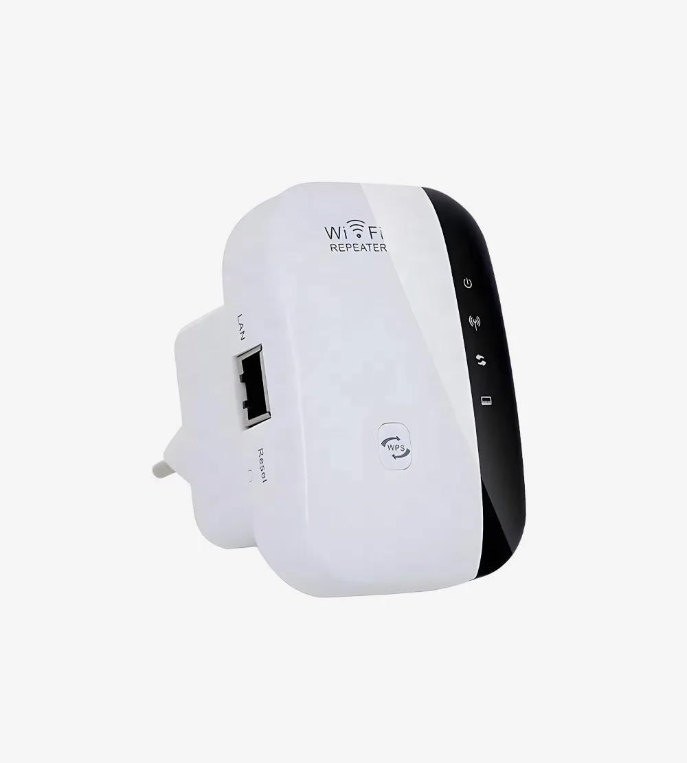 دستگاه تقویتکننده وایفای دیواری سفید رنگ با پورت LAN، دکمه WPS و نشانگرهای LED مشکی.