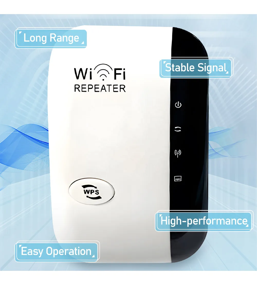 دستگاه تقویتکننده وایفای دیواری سفید رنگ با پورت LAN، دکمه WPS و نشانگرهای LED مشکی.