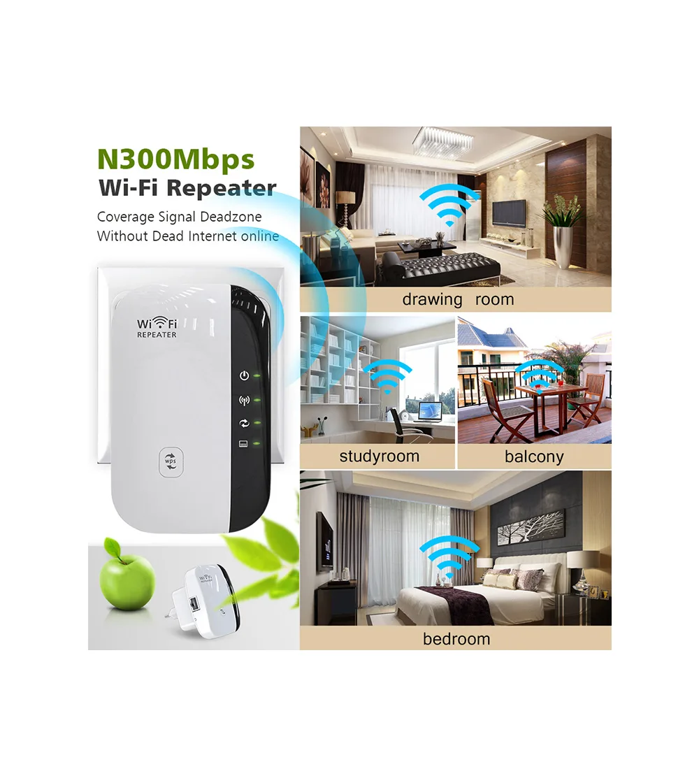 دستگاه تقویتکننده وایفای دیواری سفید رنگ با پورت LAN، دکمه WPS و نشانگرهای LED مشکی.
