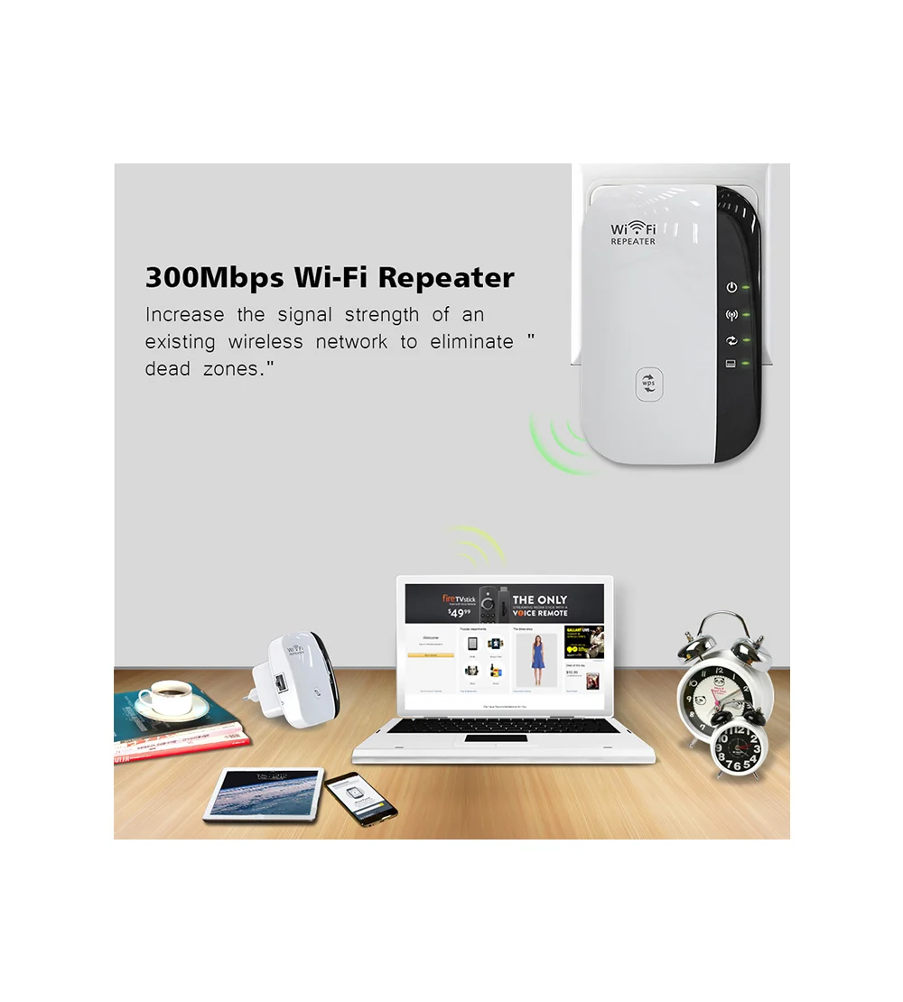 دستگاه تقویتکننده وایفای دیواری سفید رنگ با پورت LAN، دکمه WPS و نشانگرهای LED مشکی.